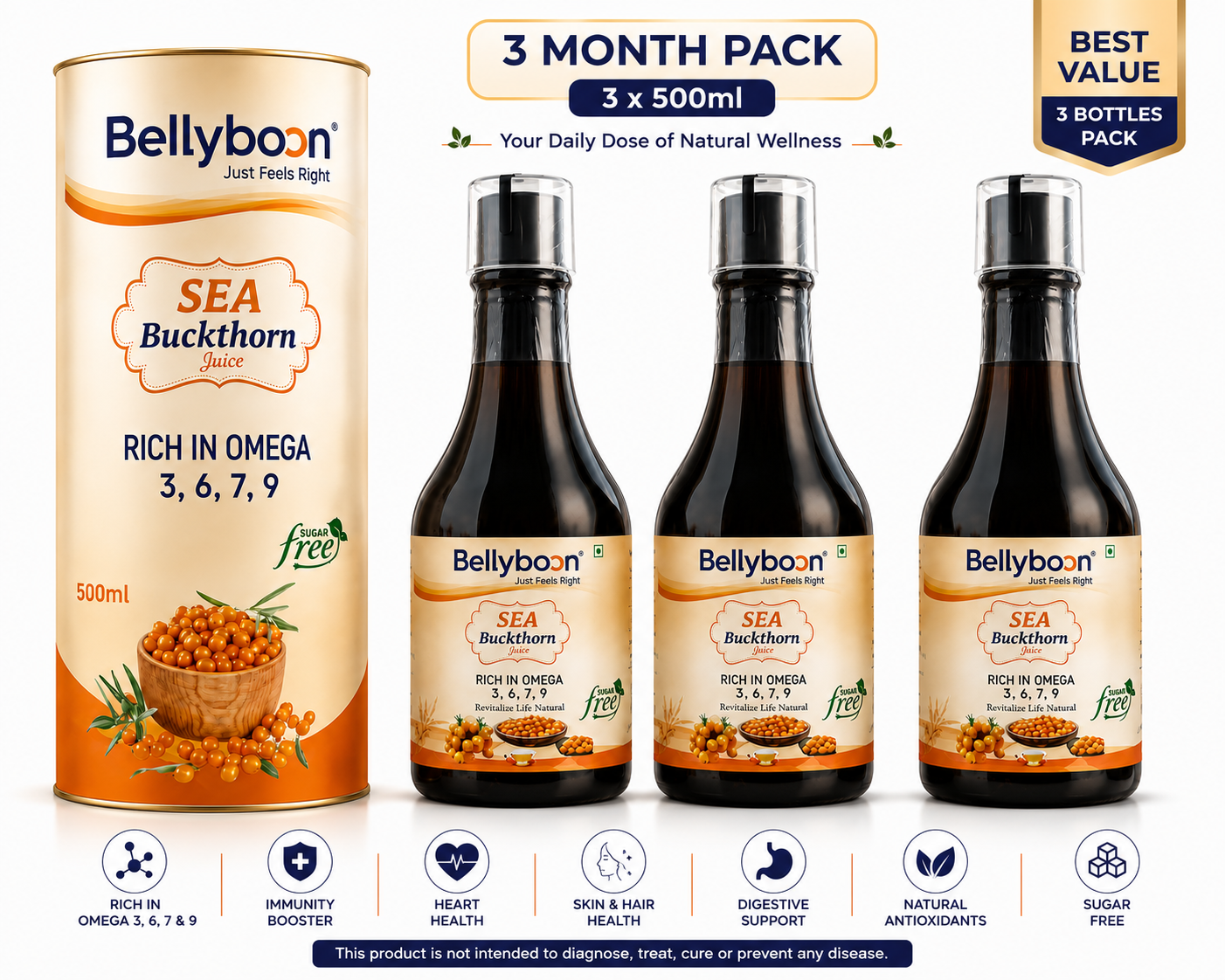 Bellyboon Sea Buckthorn Juice 500ml | Rich in Omega 3, 6, 7 & 9 | Sugar Free