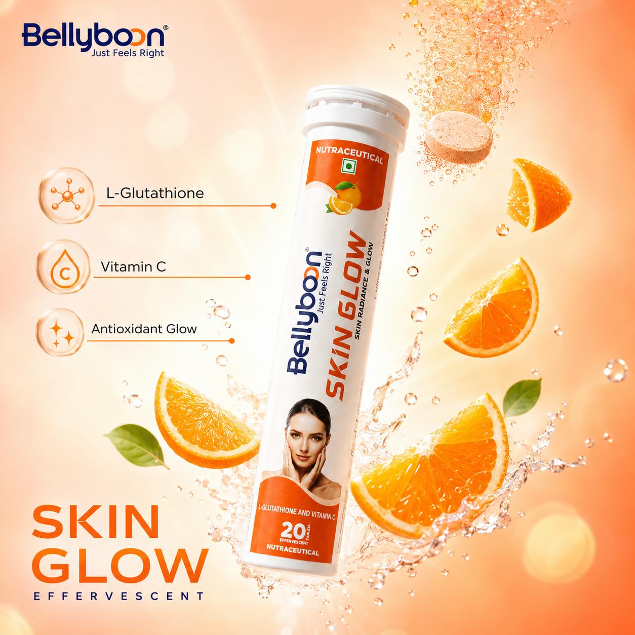 Bellyboon Skin Glow Effervescent Tablets – L-Glutathione, NAC & Vitamin C Formula for Healthy, Radiant & Glowing Skin | 20 Effervescent Tablets