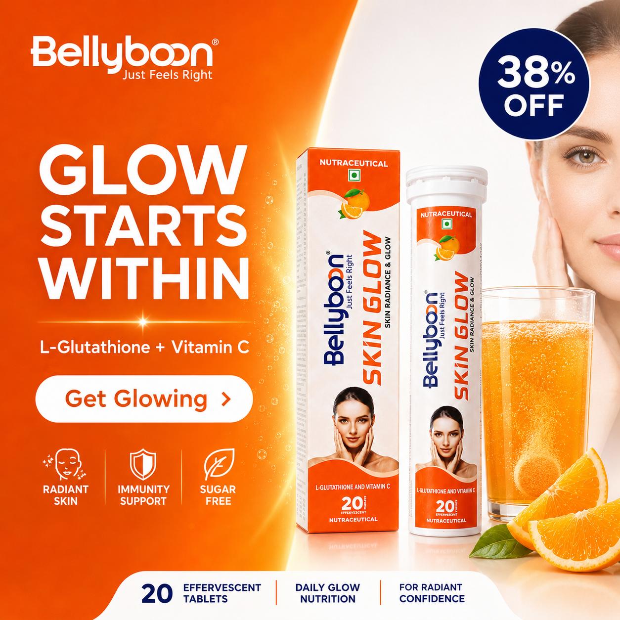 Bellyboon Skin Glow Effervescent Tablets – L-Glutathione, NAC & Vitamin C Formula for Healthy, Radiant & Glowing Skin | 20 Effervescent Tablets