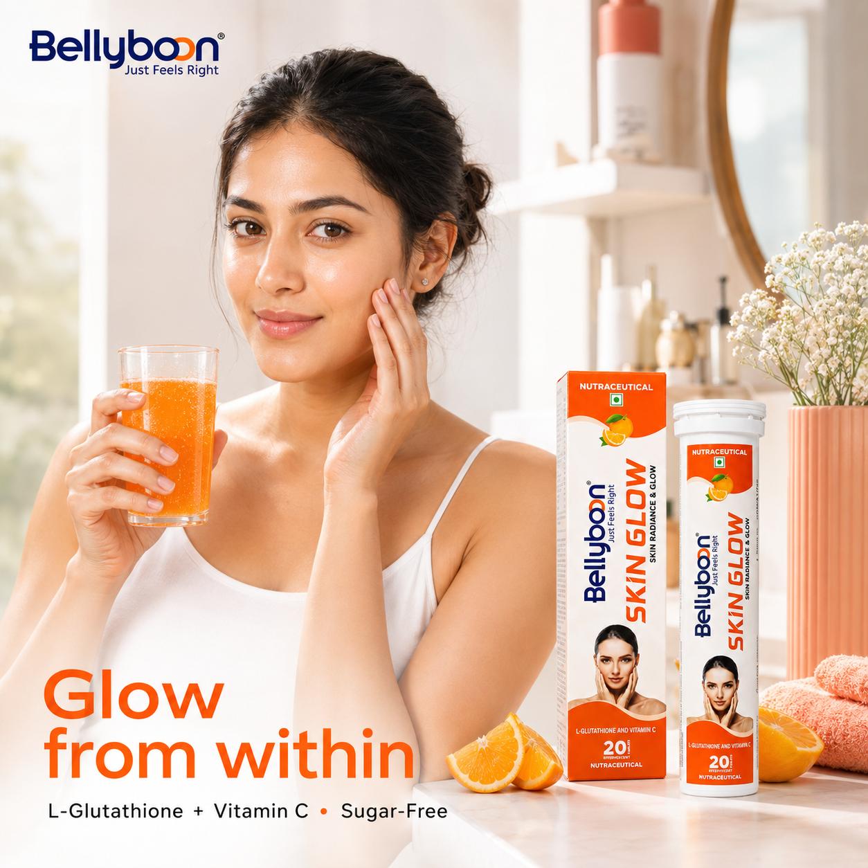 Bellyboon Skin Glow Effervescent Tablets – L-Glutathione, NAC & Vitamin C Formula for Healthy, Radiant & Glowing Skin | 20 Effervescent Tablets