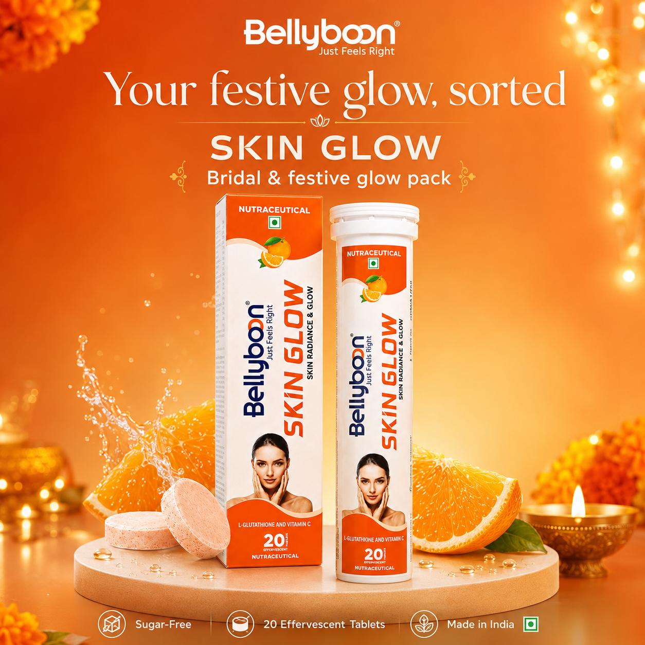 Bellyboon Skin Glow Effervescent Tablets – L-Glutathione, NAC & Vitamin C Formula for Healthy, Radiant & Glowing Skin | 20 Effervescent Tablets
