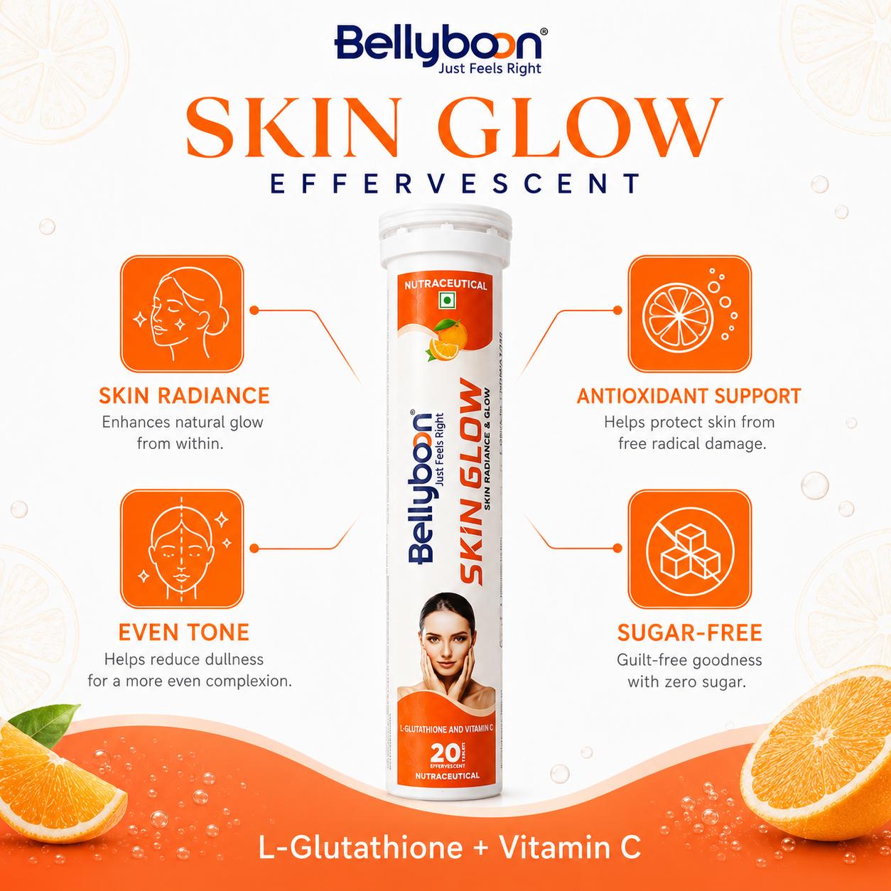 Bellyboon Skin Glow Effervescent Tablets – L-Glutathione, NAC & Vitamin C Formula for Healthy, Radiant & Glowing Skin | 20 Effervescent Tablets