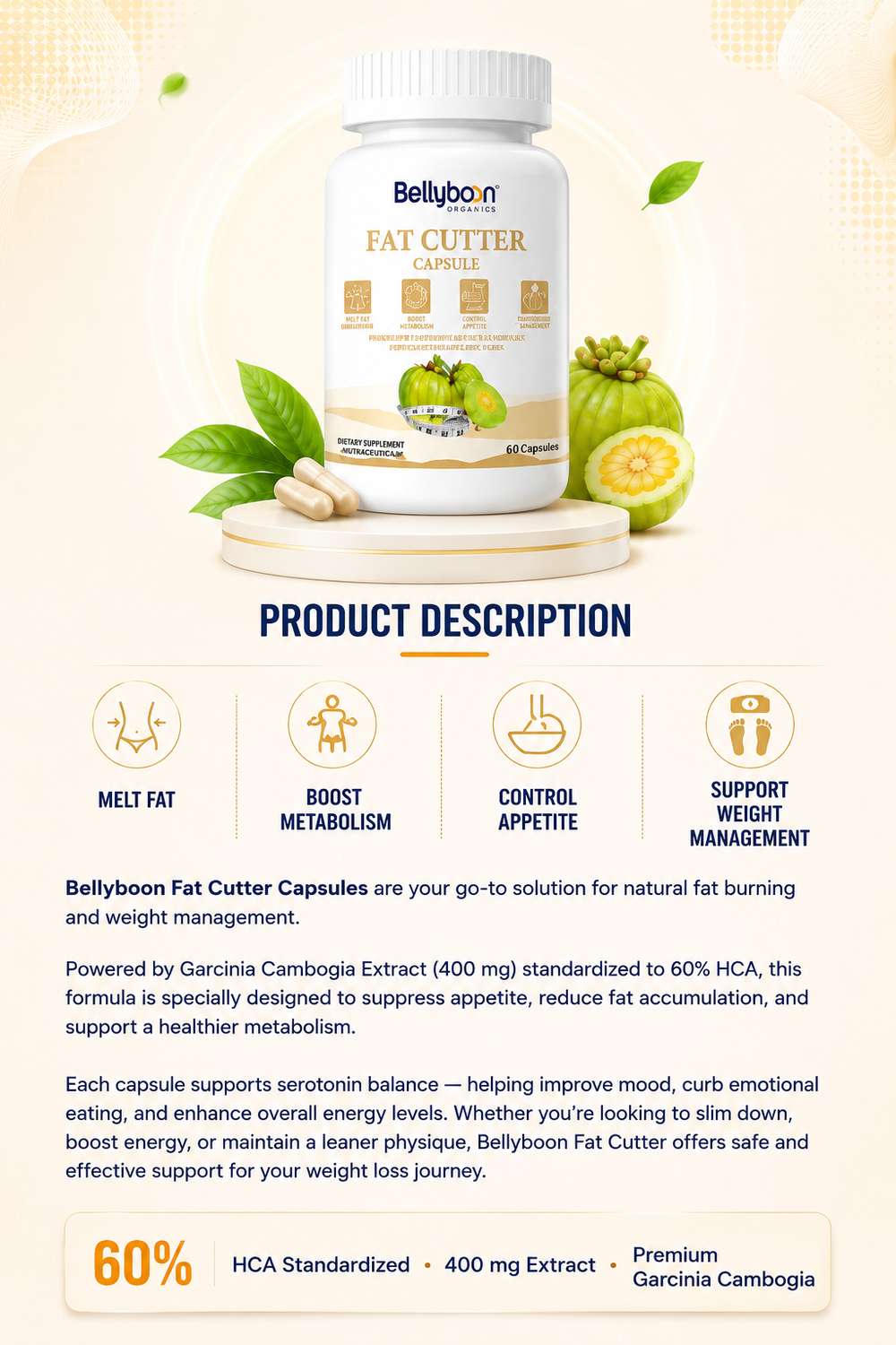 Bellyboon Fat Cutter Capsules – Garcinia Cambogia Based Fat Burner for Weight Management & Energy Support