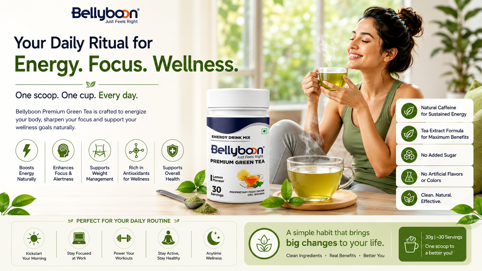 Bellyboon Premium Green Tea (Lemon Flavour) | Refreshing Antioxidant Green Tea Mix | Natural Wellness Drink