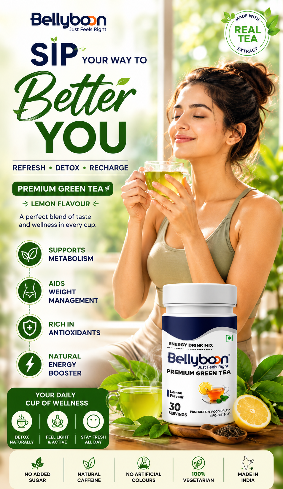 Bellyboon Premium Green Tea (Lemon Flavour) | Refreshing Antioxidant Green Tea Mix | Natural Wellness Drink