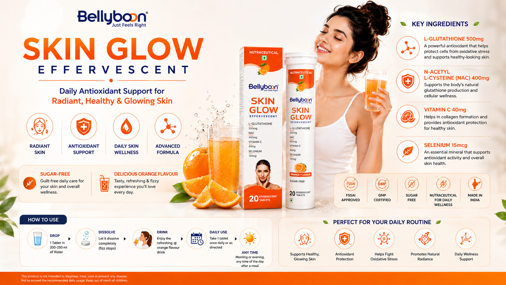 Bellyboon Skin Glow Effervescent Tablets – L-Glutathione, NAC & Vitamin C Formula for Healthy, Radiant & Glowing Skin | 20 Effervescent Tablets