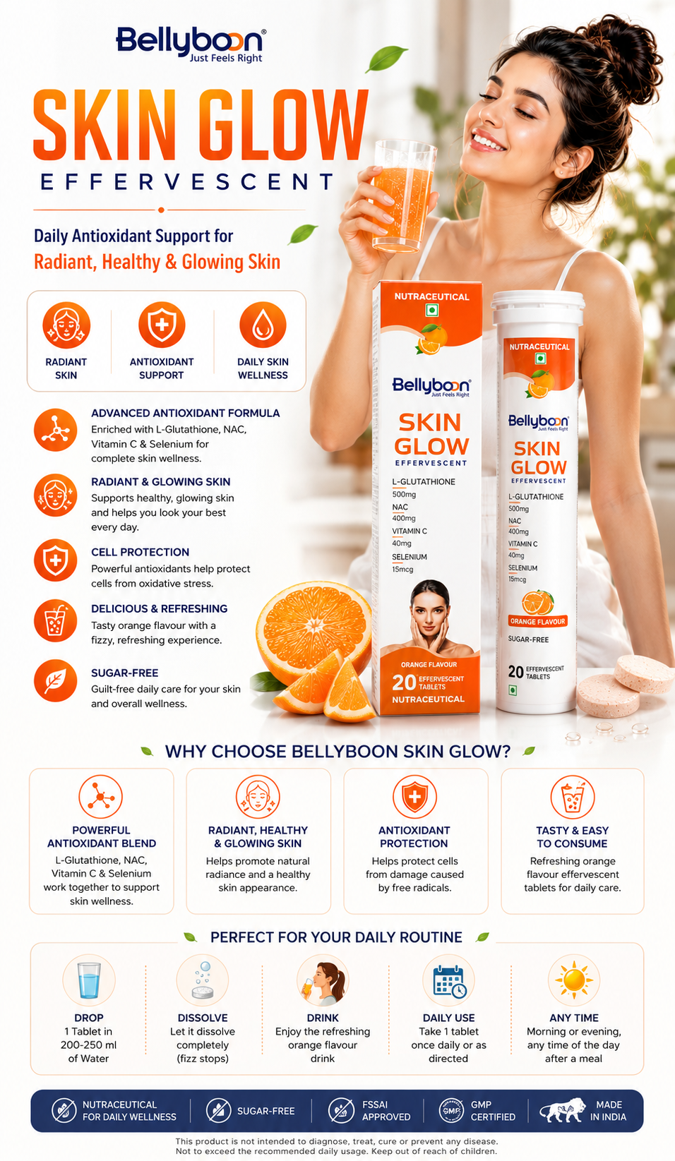 Bellyboon Skin Glow Effervescent Tablets – L-Glutathione, NAC & Vitamin C Formula for Healthy, Radiant & Glowing Skin | 20 Effervescent Tablets