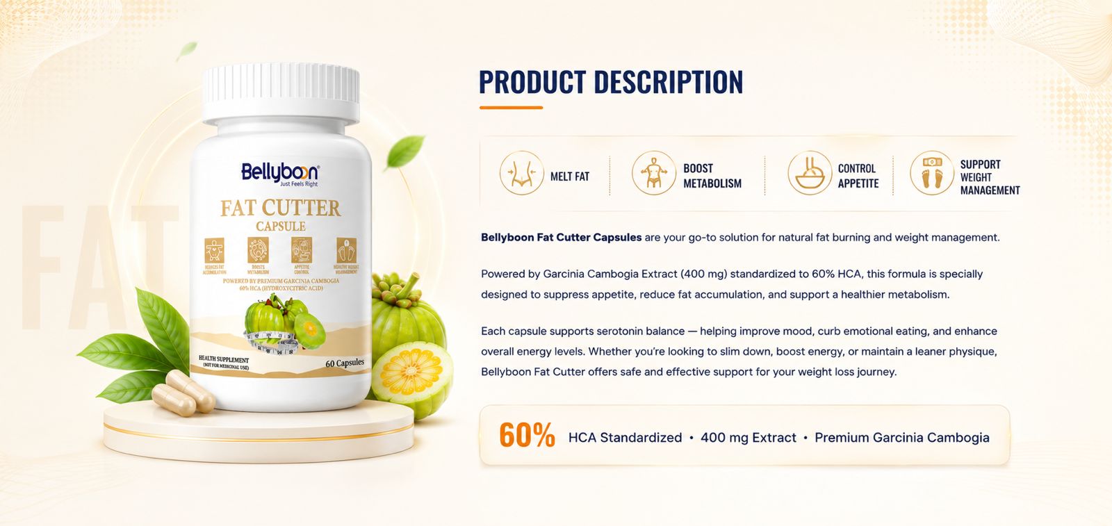 Bellyboon Fat Cutter Capsules – Garcinia Cambogia Based Fat Burner for Weight Management & Energy Support