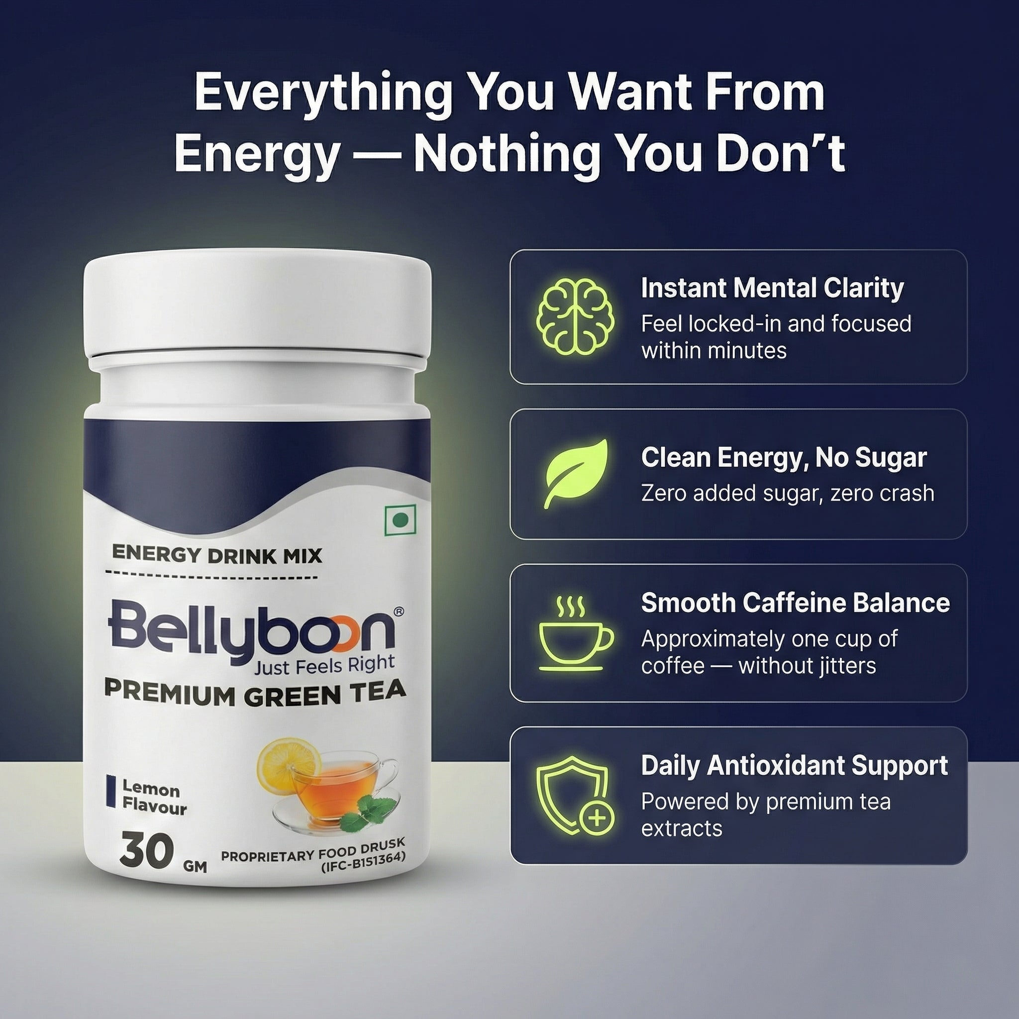 Bellyboon Premium Green Tea (Lemon Flavour) | Refreshing Antioxidant Green Tea Mix | Natural Wellness Drink