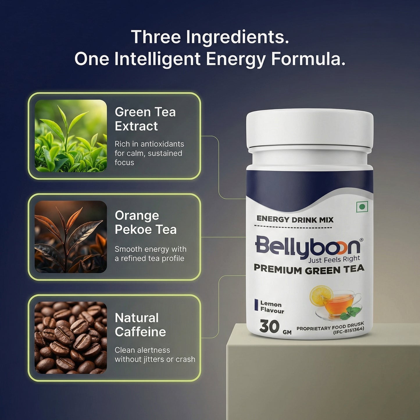 Bellyboon Premium Green Tea (Lemon Flavour) | Refreshing Antioxidant Green Tea Mix | Natural Wellness Drink