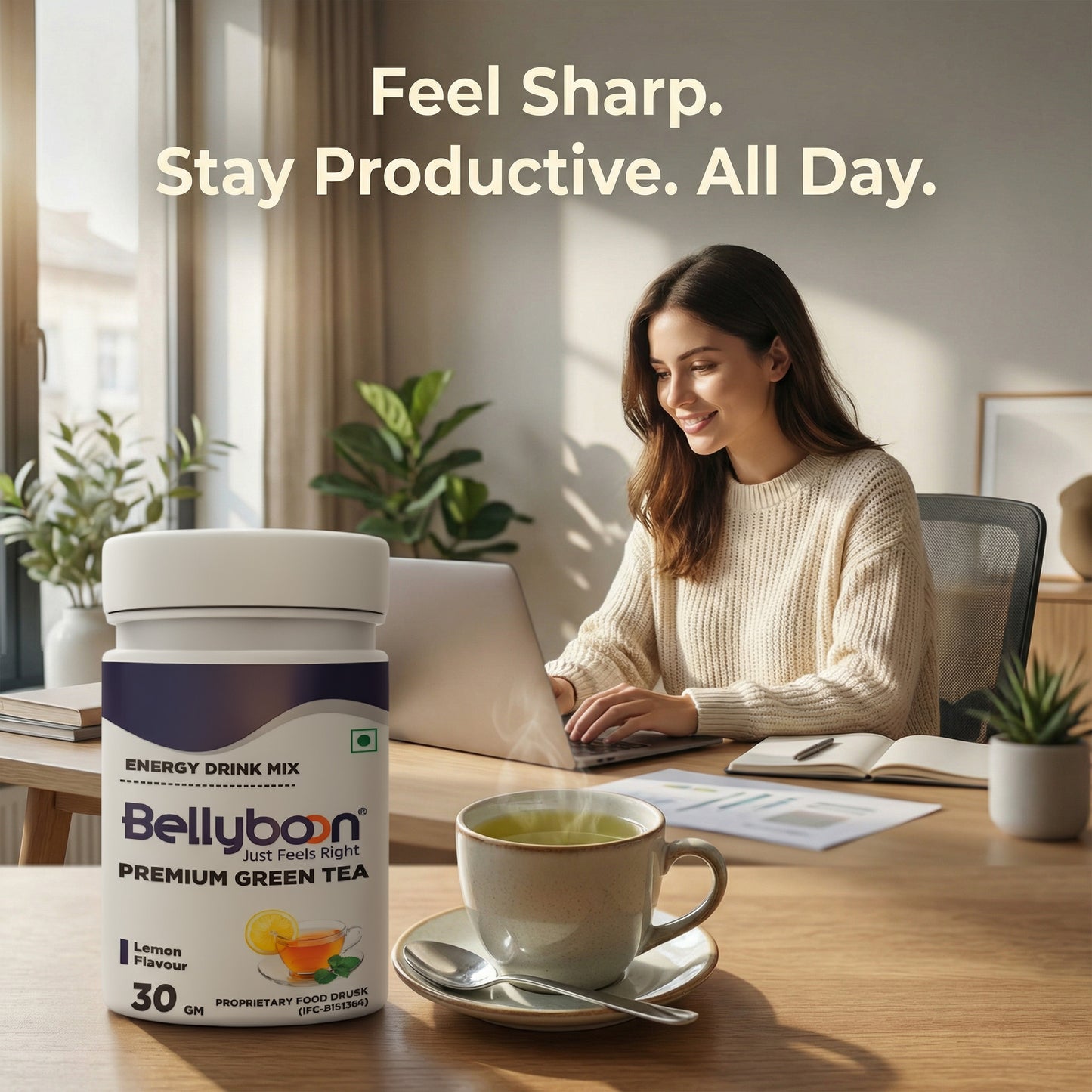 Bellyboon Premium Green Tea (Lemon Flavour) | Refreshing Antioxidant Green Tea Mix | Natural Wellness Drink