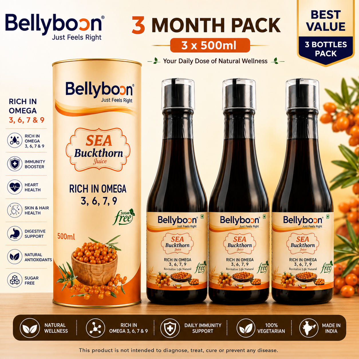 Bellyboon Sea Buckthorn Juice 500ml | Rich in Omega 3, 6, 7 & 9 | Sugar Free